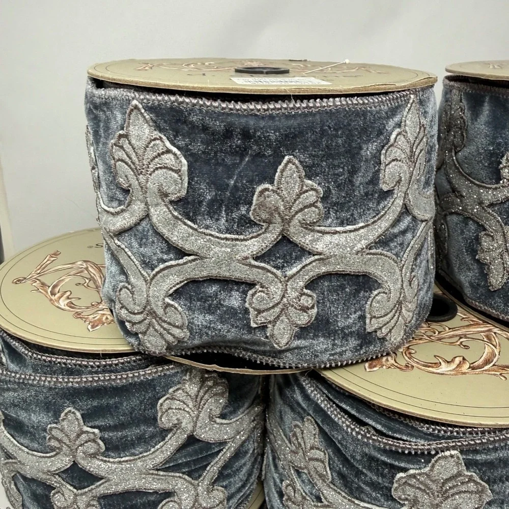 d. stevens French Blue Velvet Ribbon 4in x 5yd Silver Glitter Damask 4002025 Lot